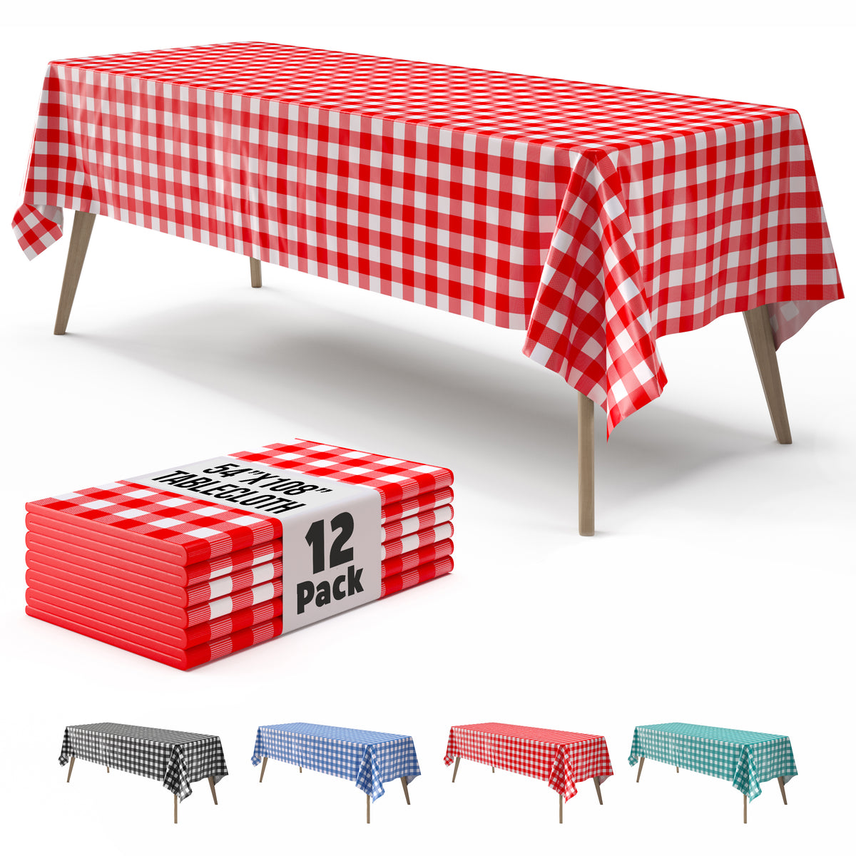 Red Gingham Plastic Table Covers | 12 Pack | 54 in. x 108 in.