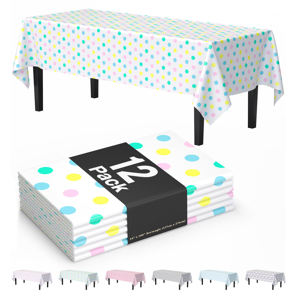 Pastel Polka Dot Plastic Table Covers | 12 Pack | 54 in. x 108 in.