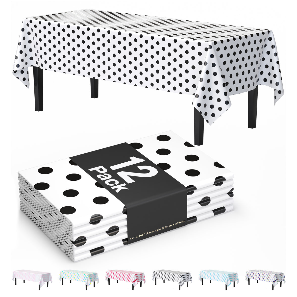 Black Polka Dot Plastic Table Cover | 54 in. x 108 in. | Case of 12