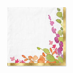 Romantic Floral Beverage Napkins with Gold Trim - 16 Pack - 5 In. X 5 In.