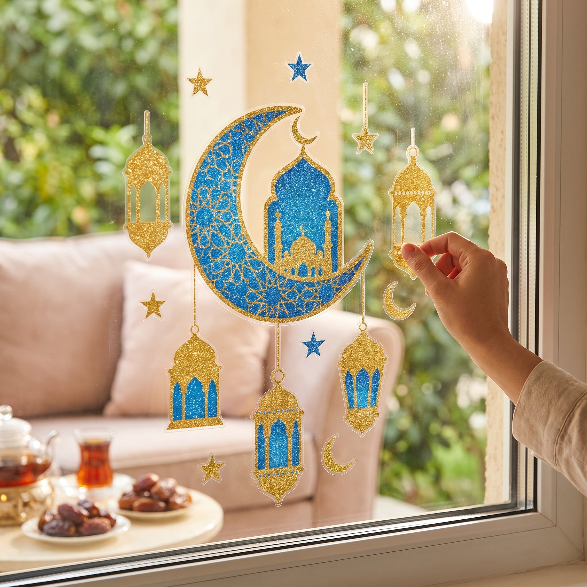 Glitter Crescent Moon & Mosque Eid Vinyl Window Clings