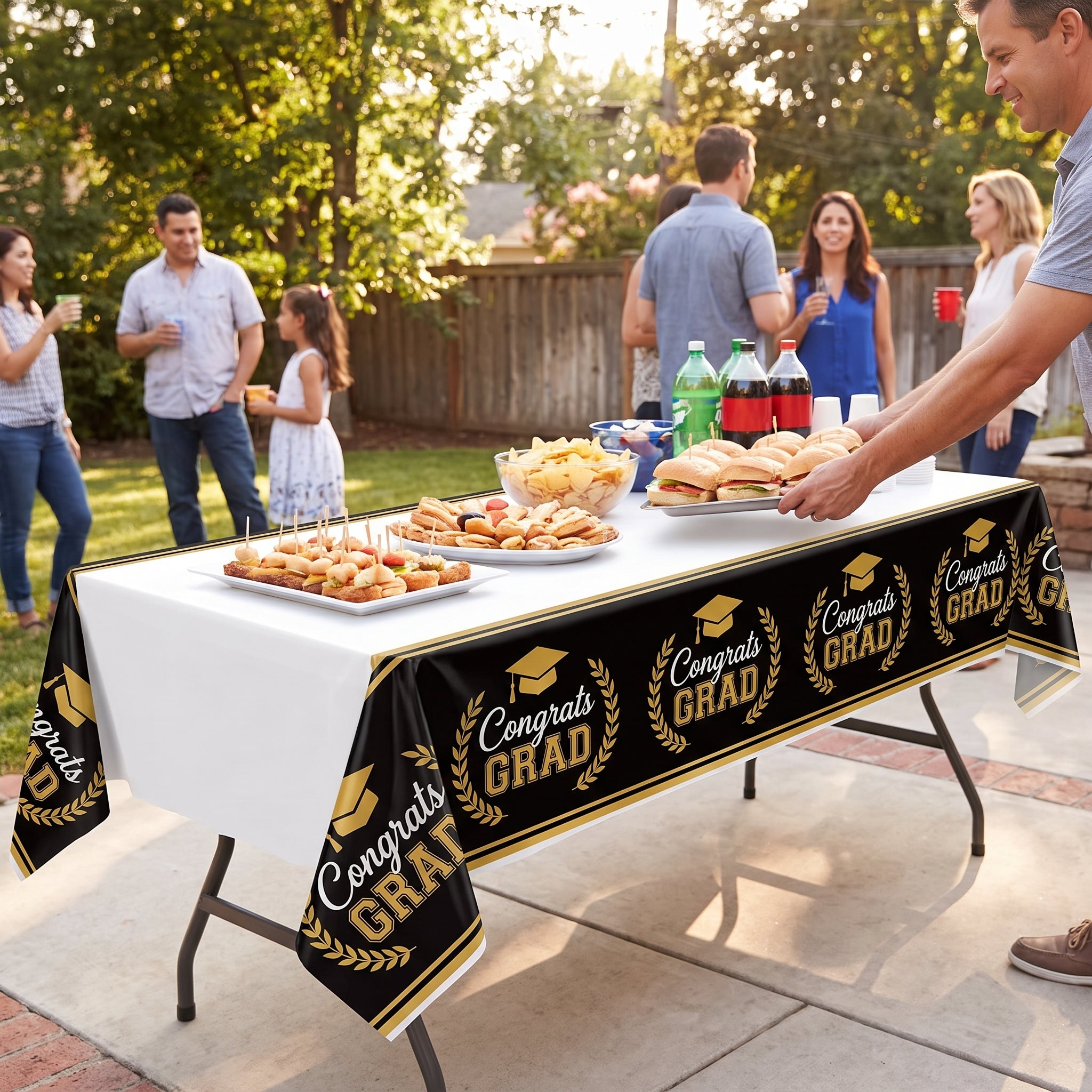 "Congrats Grad" Plastic Table Cover - Black & Gold 54x84 inch for Graduation