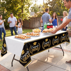 "Congrats Grad" Plastic Table Cover - Black & Gold 54x84 inch for Graduation