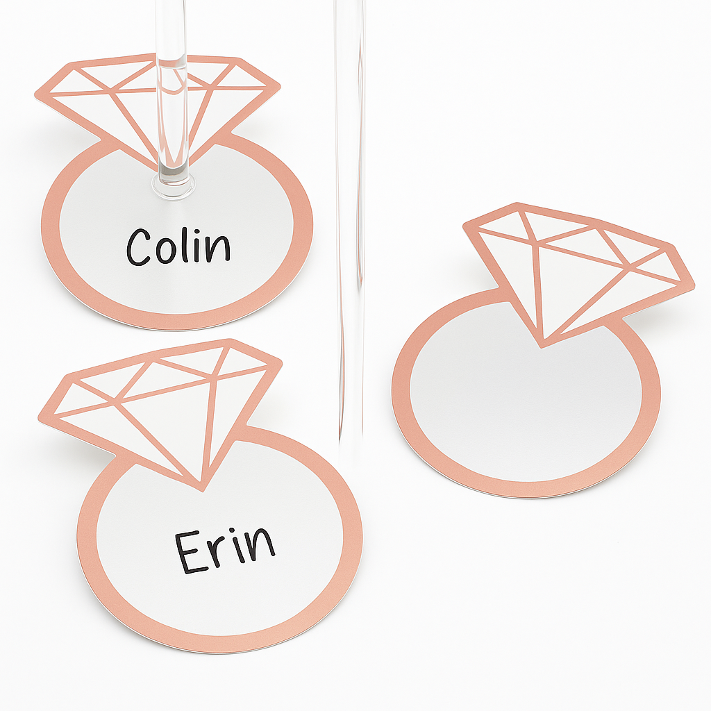 Diamond Ring Metallic Wine Glass Tags - Rose Gold & Silver, 18-Pack