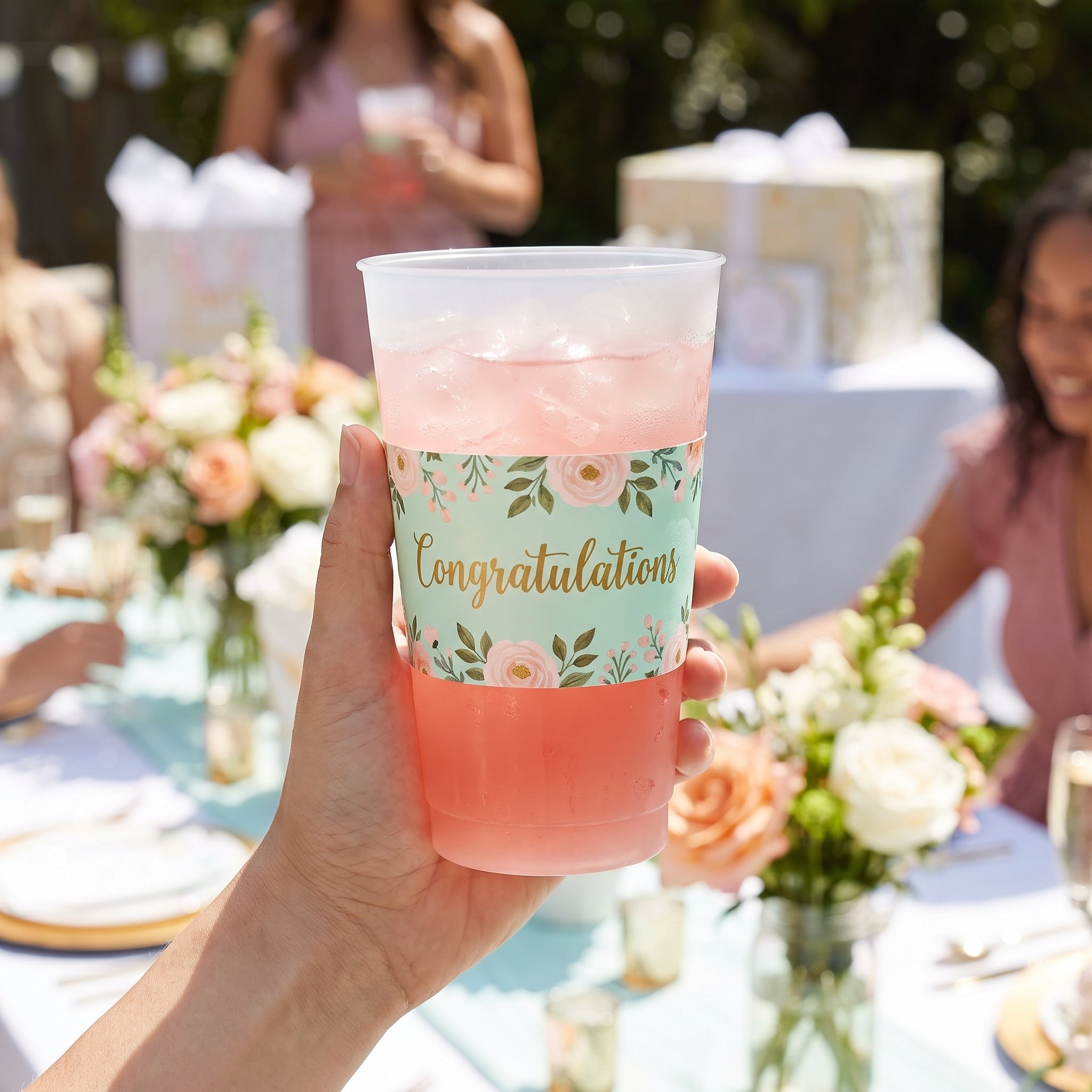 Mint to Be Floral "Congratulations" Plastic Cups - 16 oz, 25 Pack