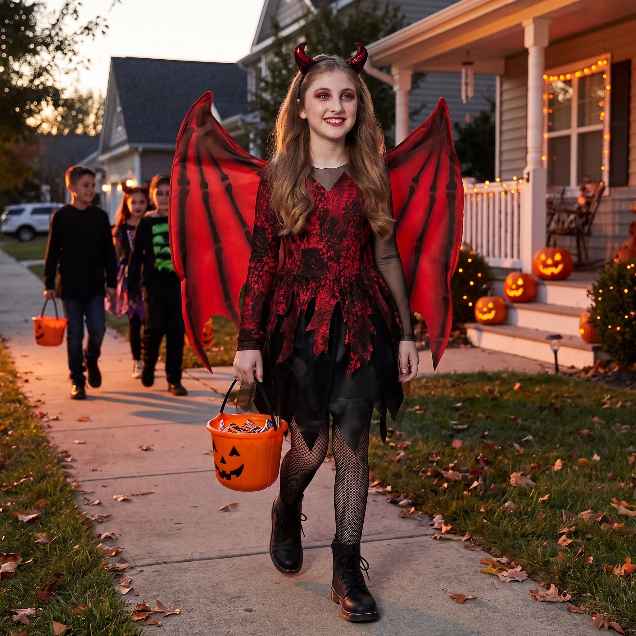 Girls' Daredevil Halloween Costume with Wings and Horns