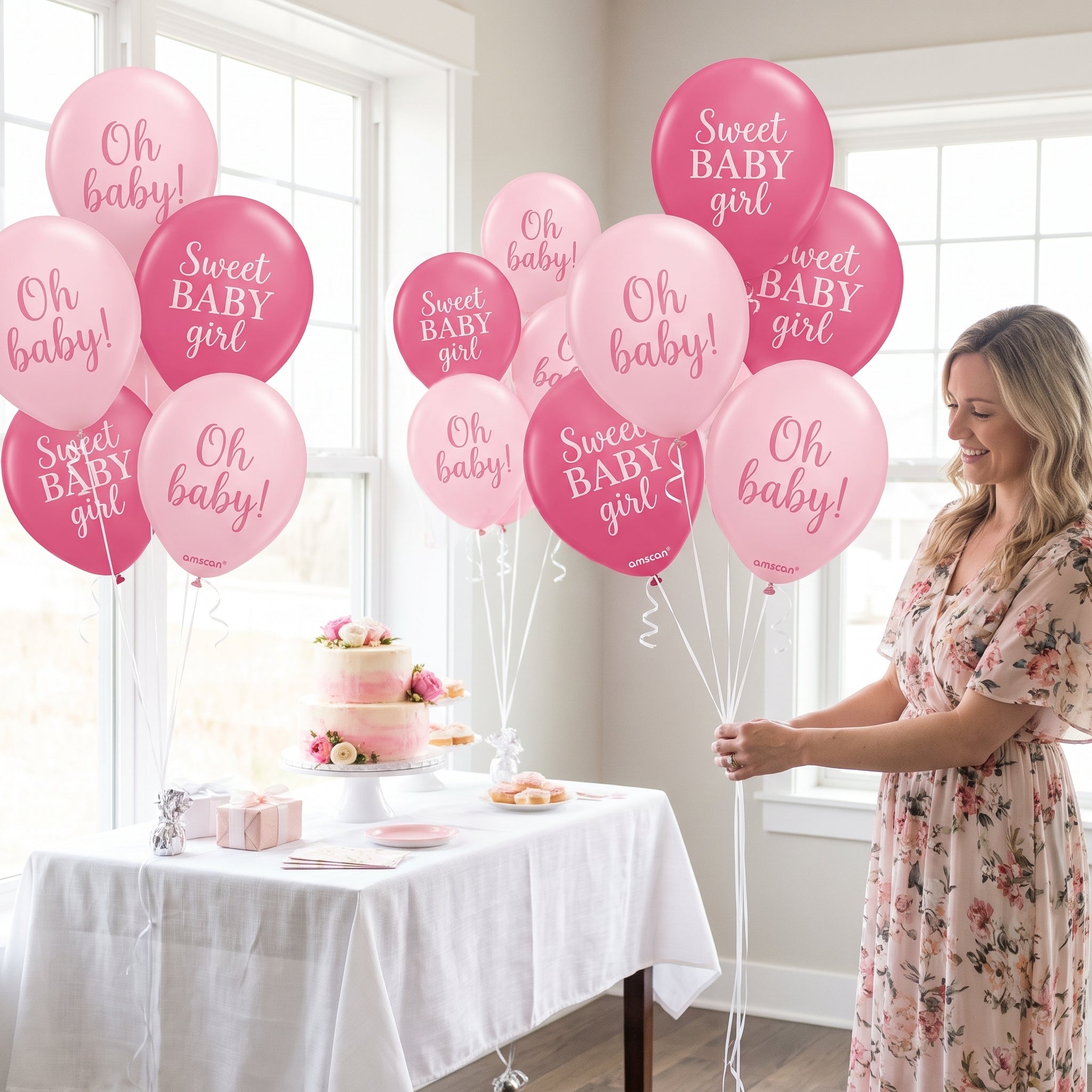 Floral Baby Girl Pink Latex Balloons, 12-Inch, 15-Pack