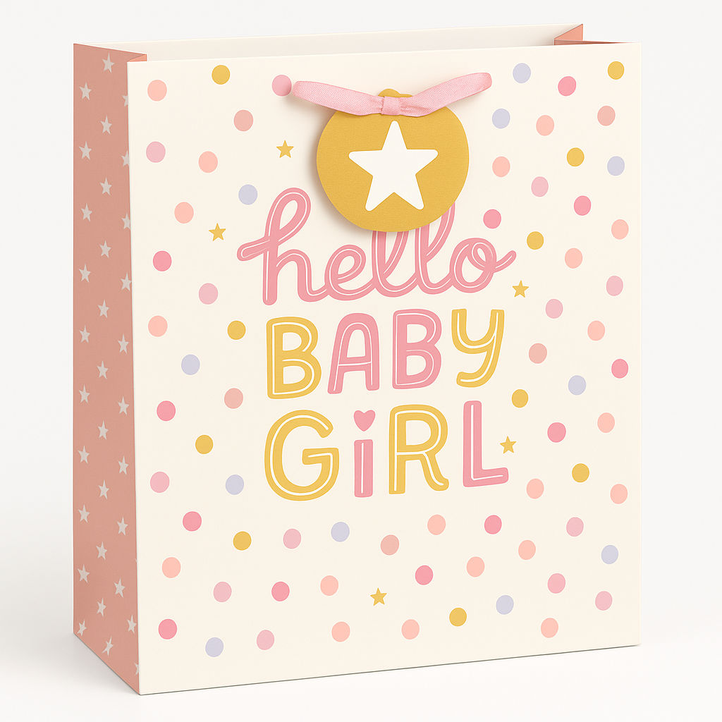 "Hello Baby Girl" Polka Dot Paper Gift Bag with Star Tag