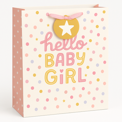 "Hello Baby Girl" Polka Dot Paper Gift Bag with Star Tag