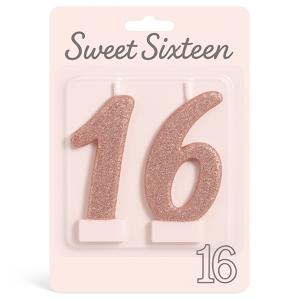 Sweet Sixteen Glitter Number Candles, Rose Gold, 4.5-Inch, Set of 2