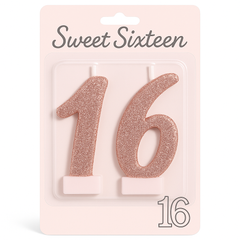 Sweet Sixteen Glitter Number Candles, Rose Gold, 4.5-Inch, Set of 2