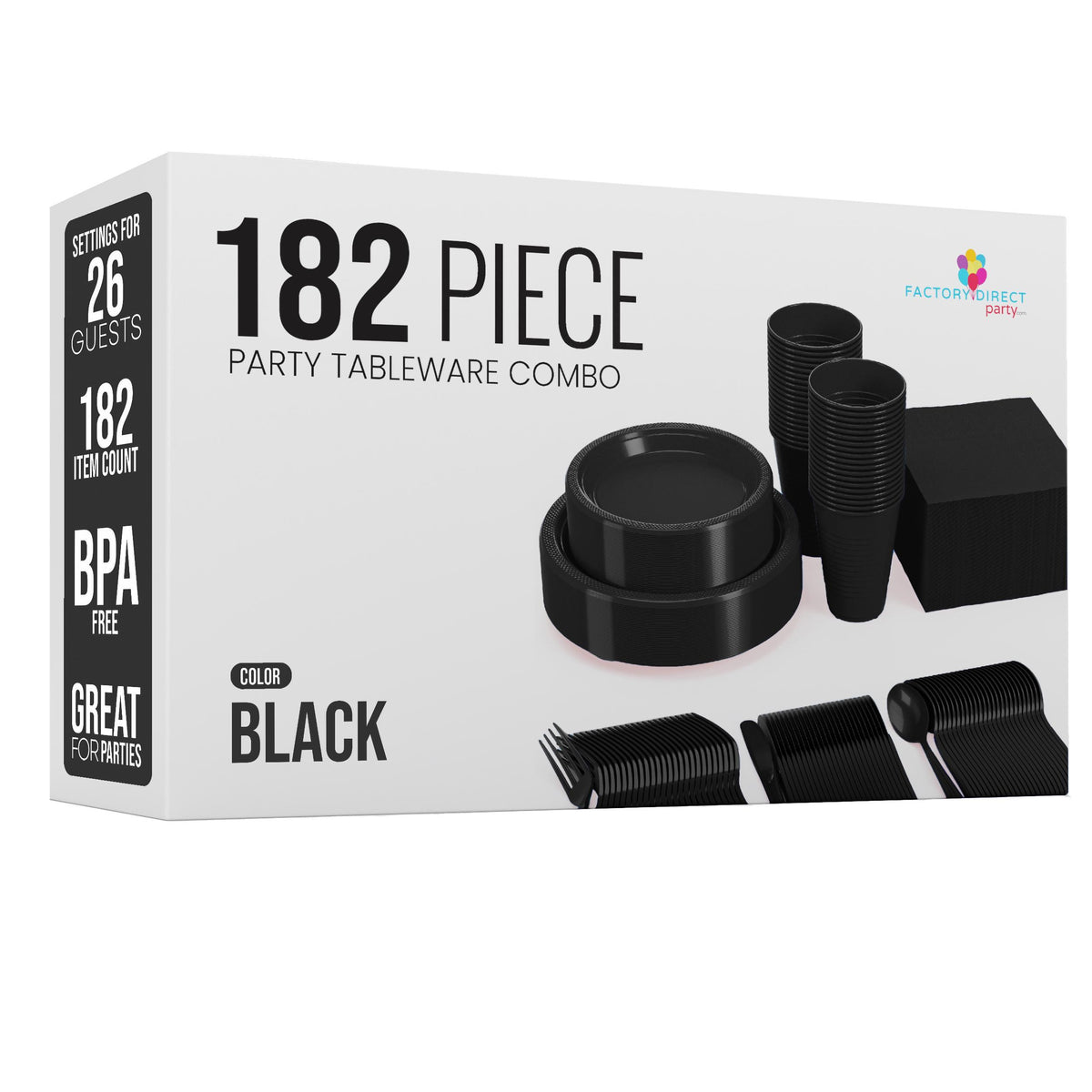 182 Pcs Black Plastic Dinnerware Set | Setting for 26