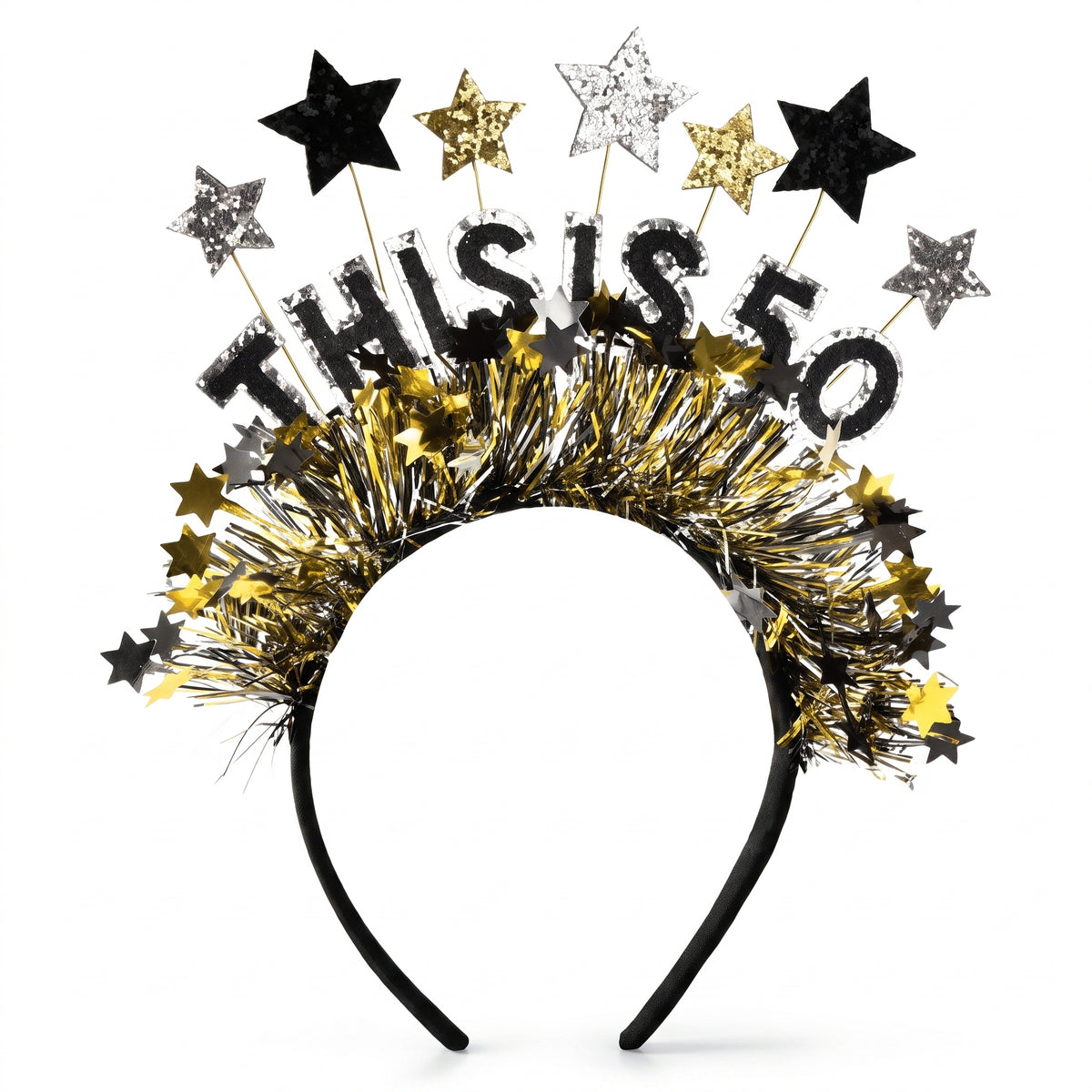 Black & Gold "This is 50" Birthday Headband with Fringe and Stars