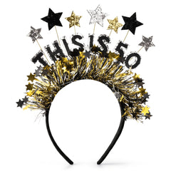 Black & Gold "This is 50" Birthday Headband with Fringe and Stars