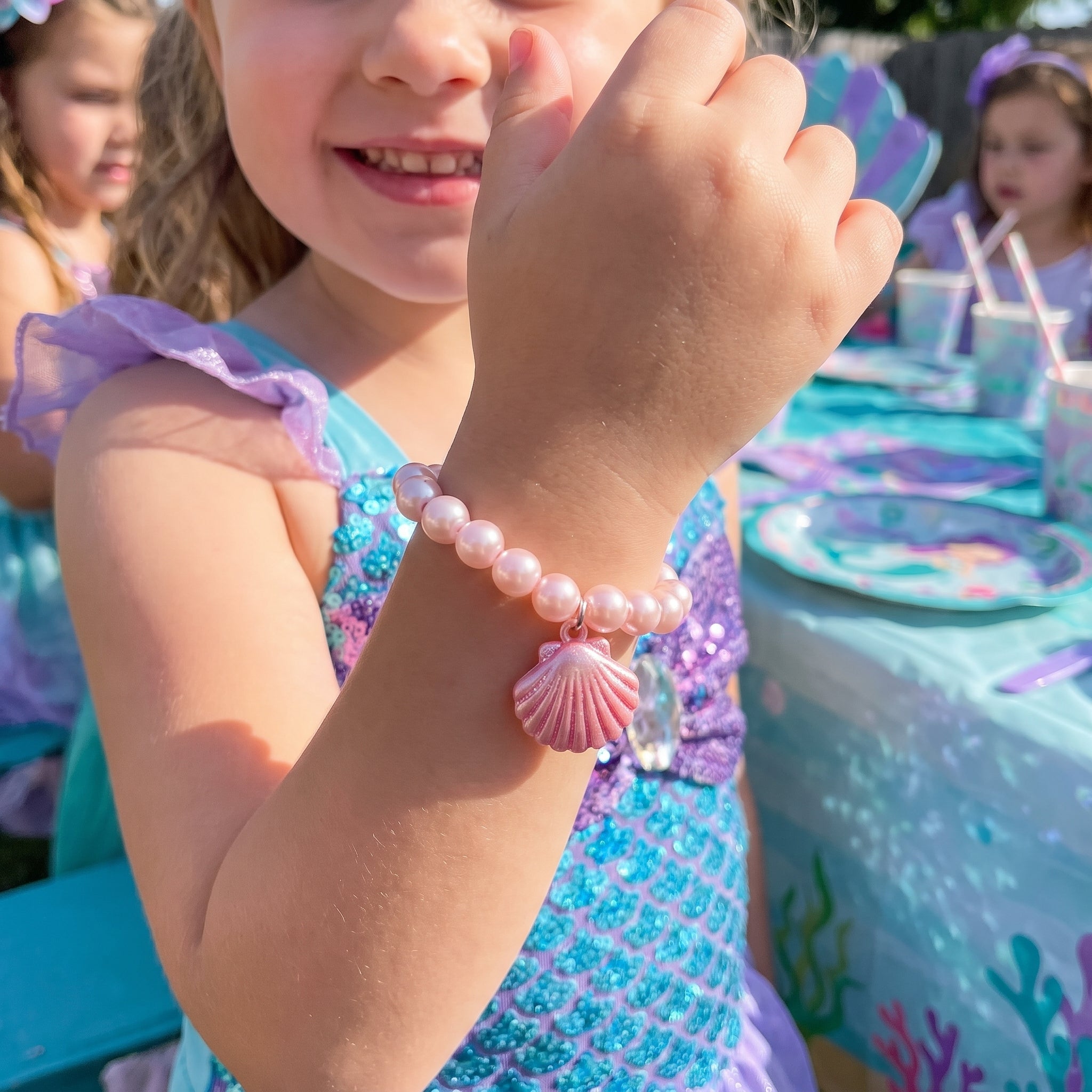 Shimmering Mermaid Bead Bracelets with Seashell Charm - 4 Pack