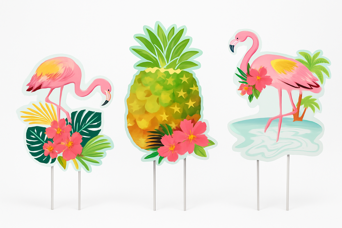 Tropical Flamingo & Pineapple Lawn Stake Decorations, 3-Pack