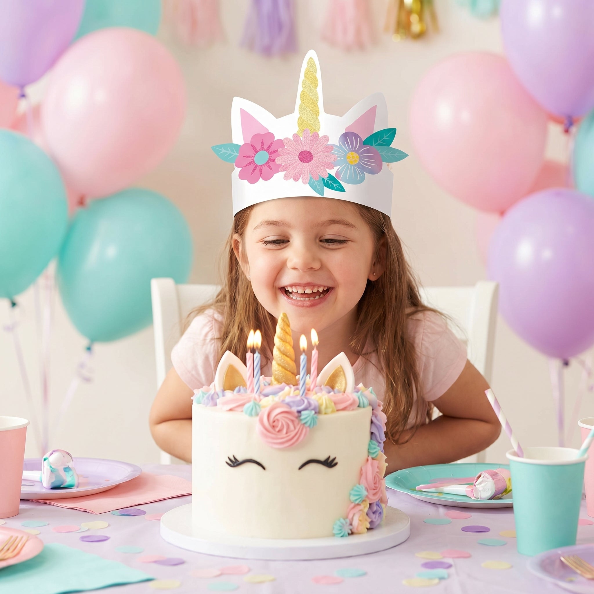 Enchanted Unicorn Paper Crowns with Floral Design, 8-Pack