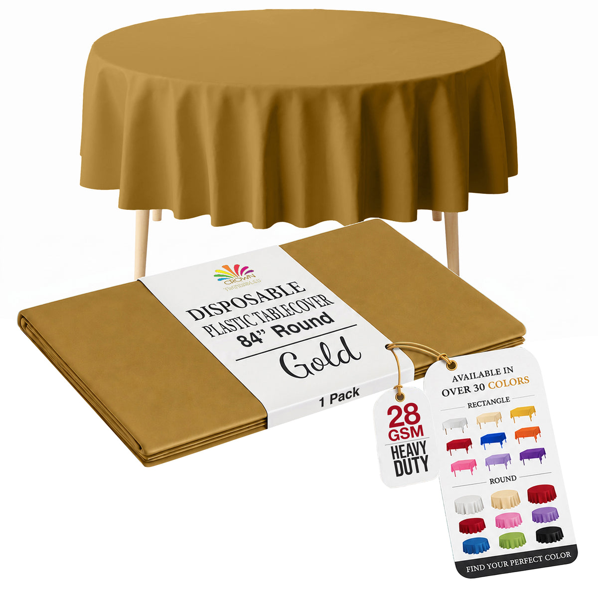 Gold Round Plastic Table Cover | 84 in.