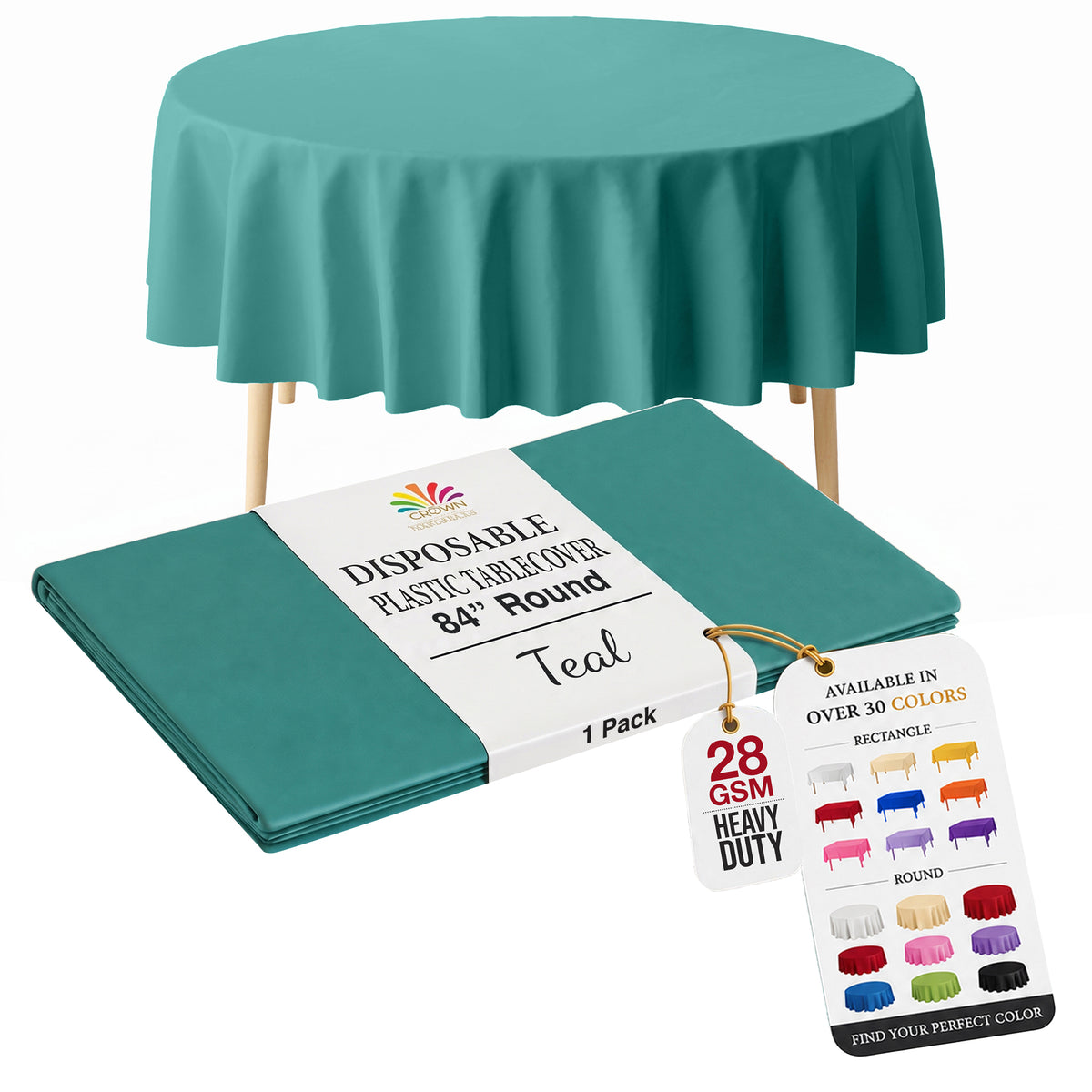 Round Teal Plastic Table Cover | 84 in.