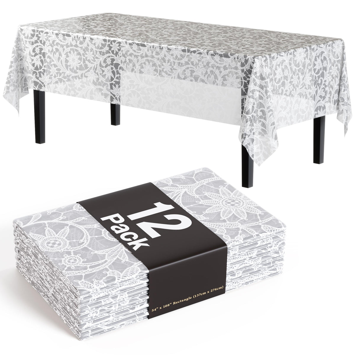 White Lace Plastic Table Covers | 12 Pack