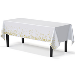 White & Gold Celebrate Printed Plastic Table Covers | 12 Count