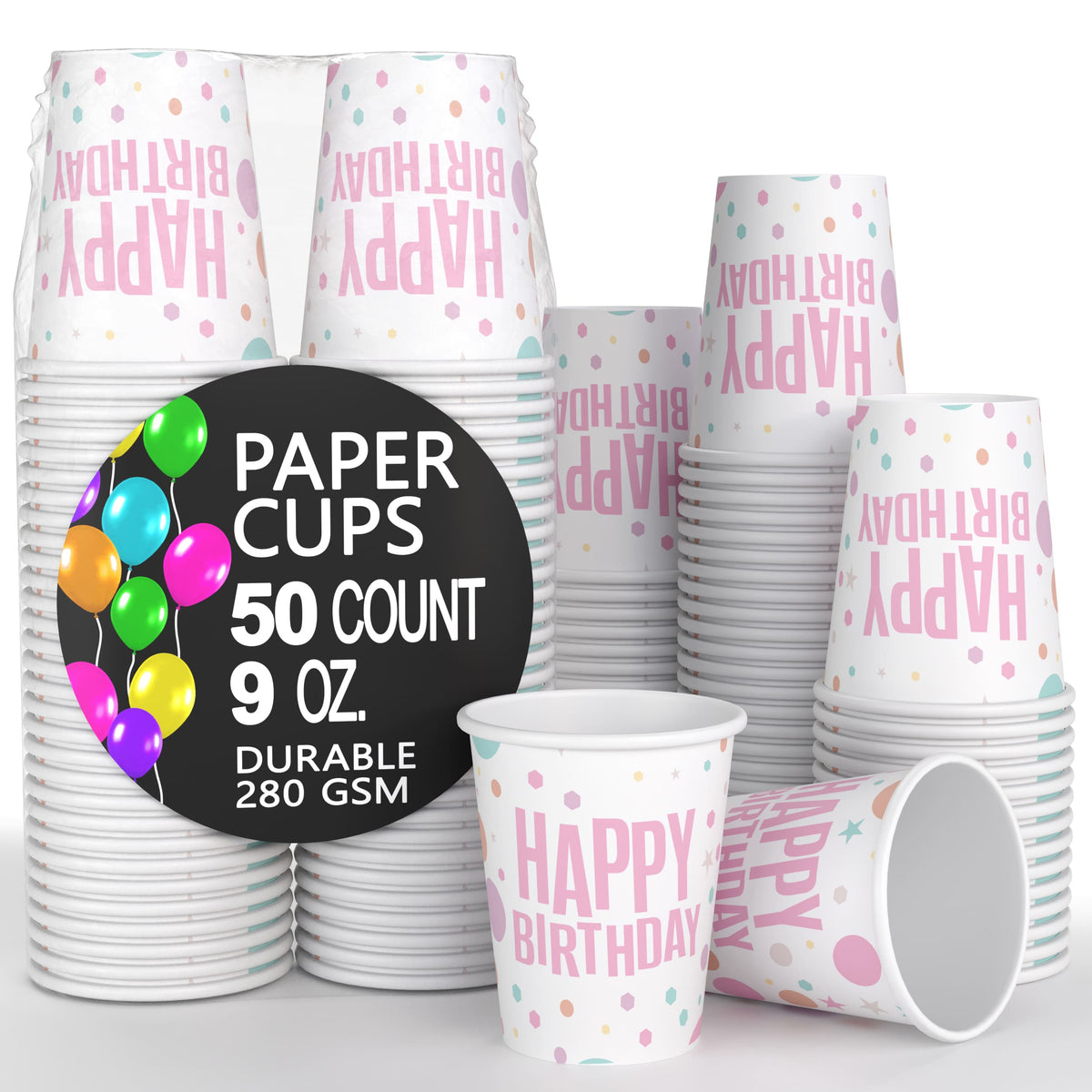 9 oz. Pink Birthday Print Paper Cups - 50 Ct.| Case of 20