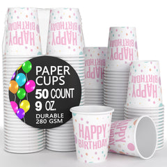 9 Oz. Pink Birthday Print Paper Cups - 50 Ct.