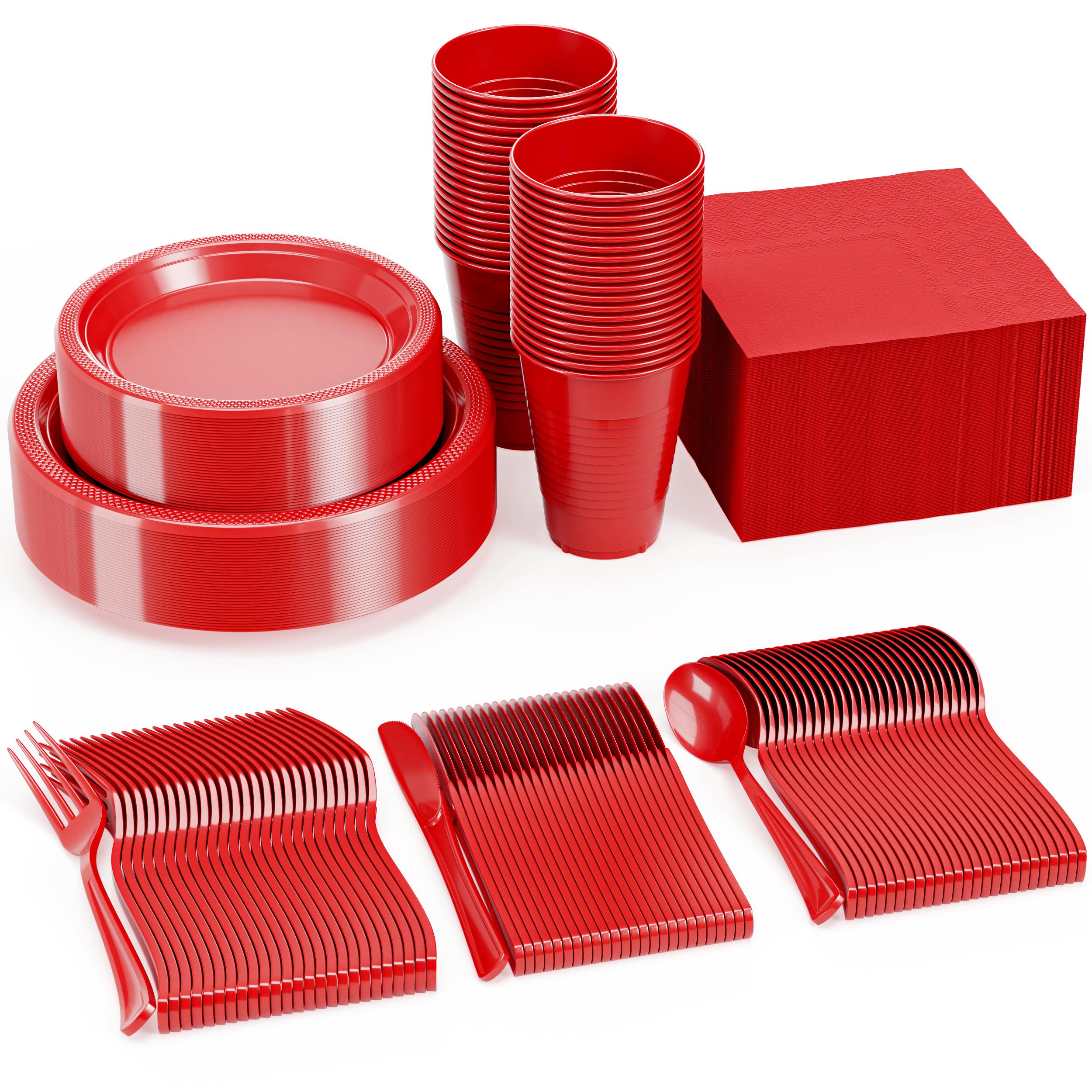 182 Pcs Red Plastic Dinnerware Set | Setting for 26