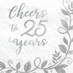 "Cheers to 25 Years" Silver Anniversary Beverage Napkins - 16 Pack - 5 In. X 5 In.