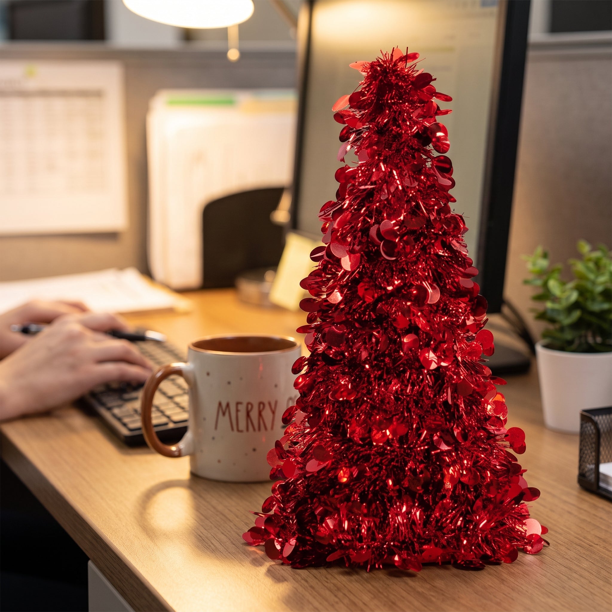 Festive Red Tinsel Christmas Tree - Small