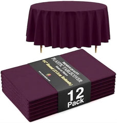 Premium Round Plum Plastic Table Covers | 12 Pack | 84 in.