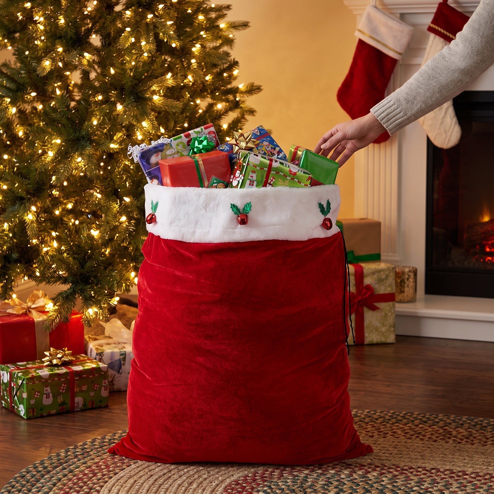 Plush Velour Santa Gift Bag with Holly and Berries
