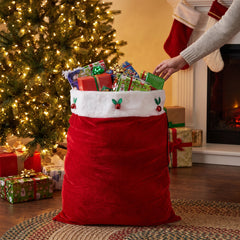 Plush Velour Santa Gift Bag with Holly and Berries