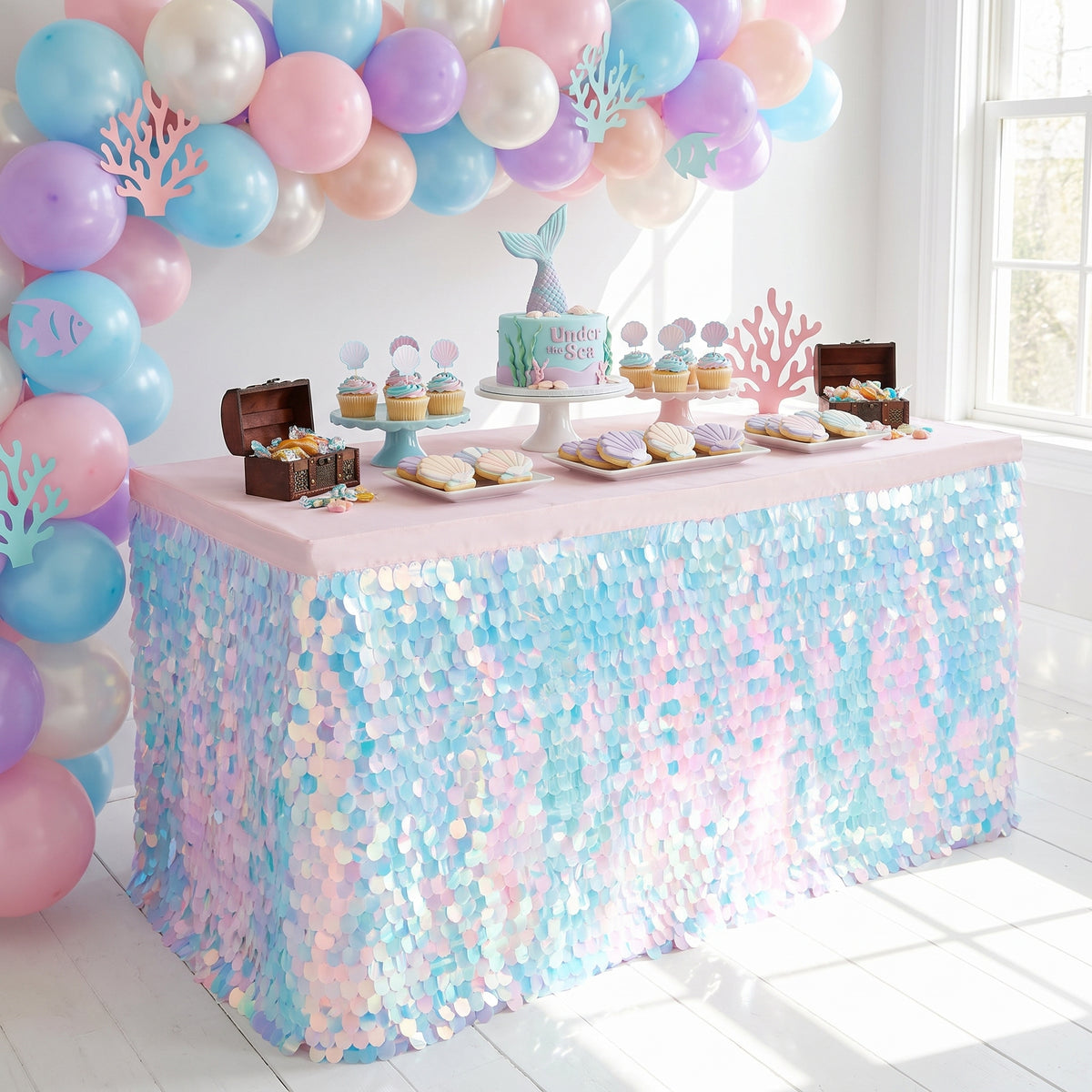 Luminous Iridescent Sequin Table Skirt for Kids' Parties