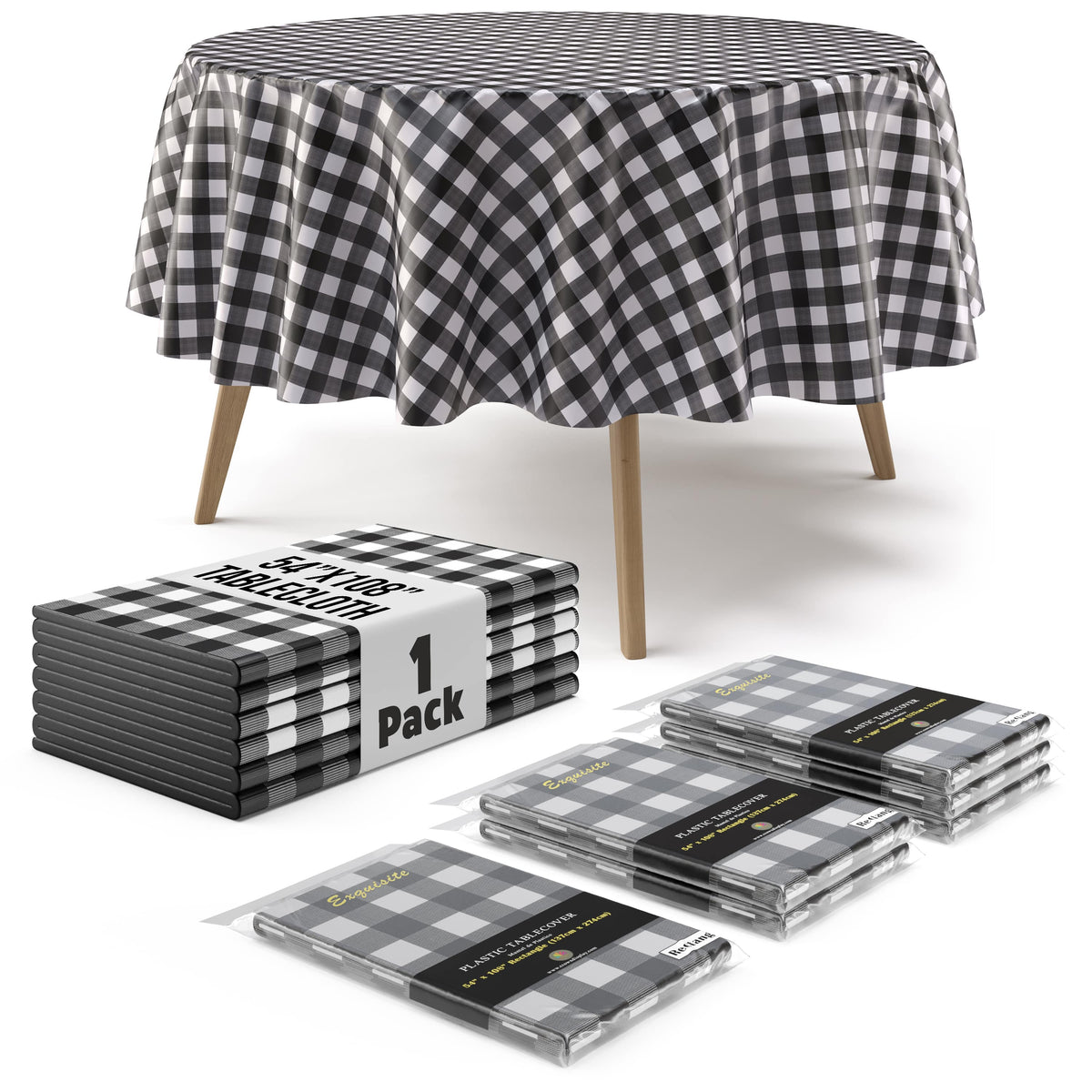 Round Black Gingham Plastic Table Cover