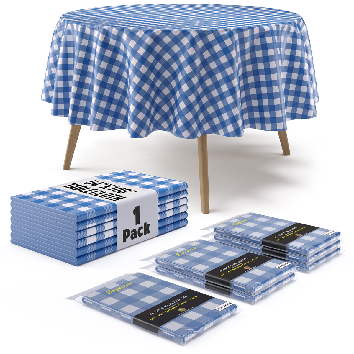 Round Blue Gingham Plastic Table Cover