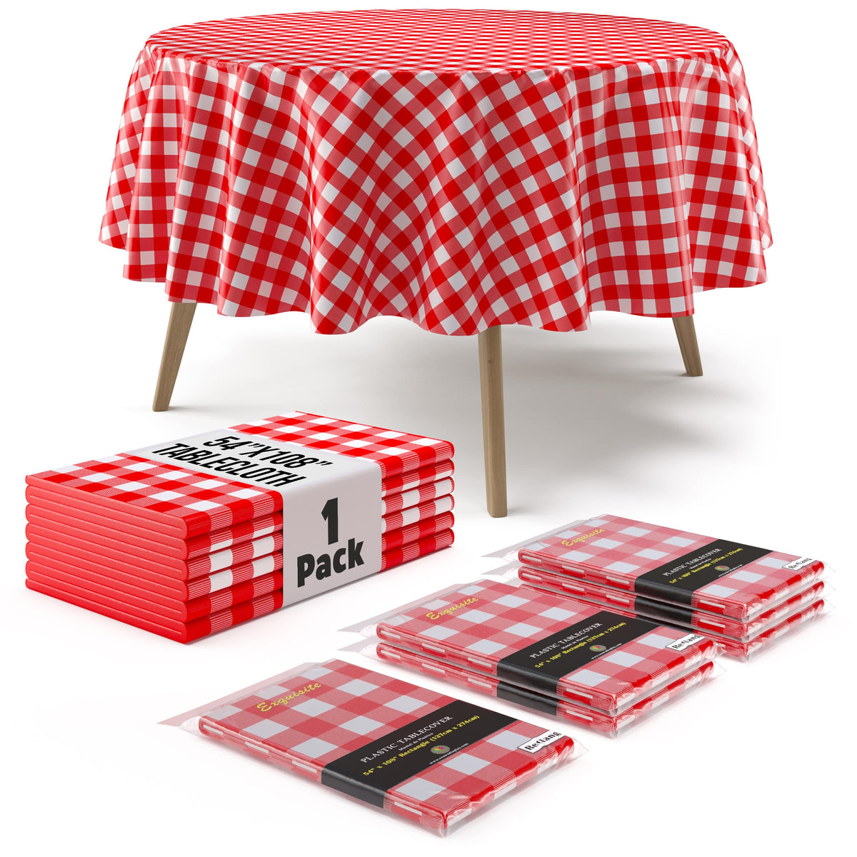 Round Red Gingham Plastic Table Cover