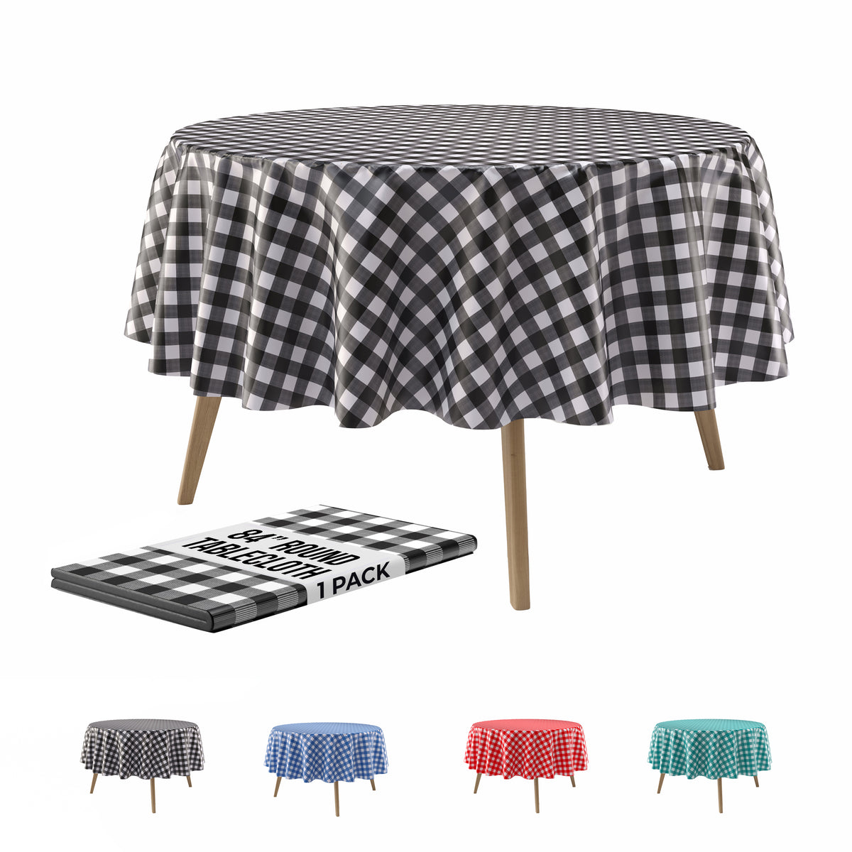 Round Black Gingham Plastic Table Cover | 84 in.