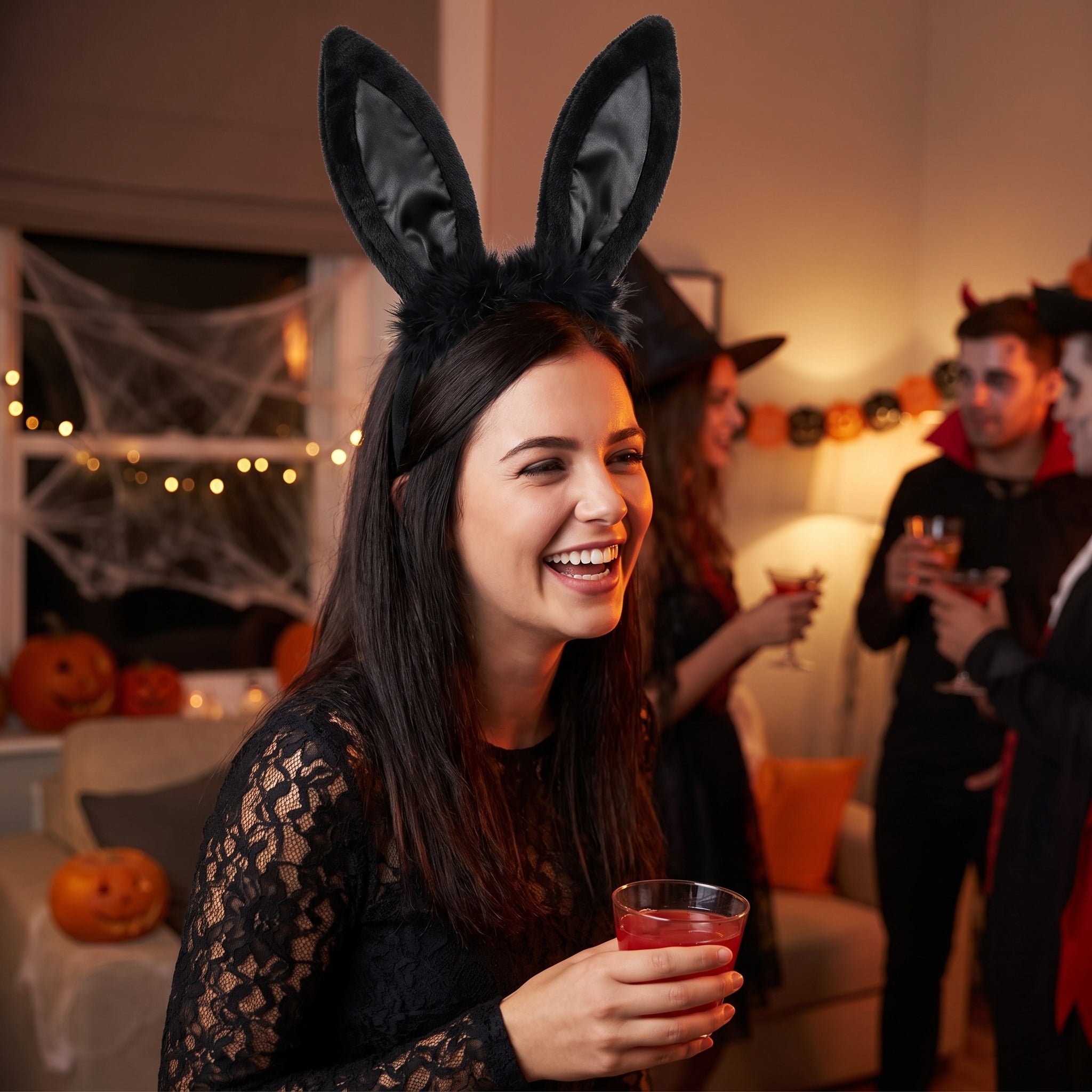Black Marabou Bunny Ears Headband - Elegant Halloween Costume Accessory