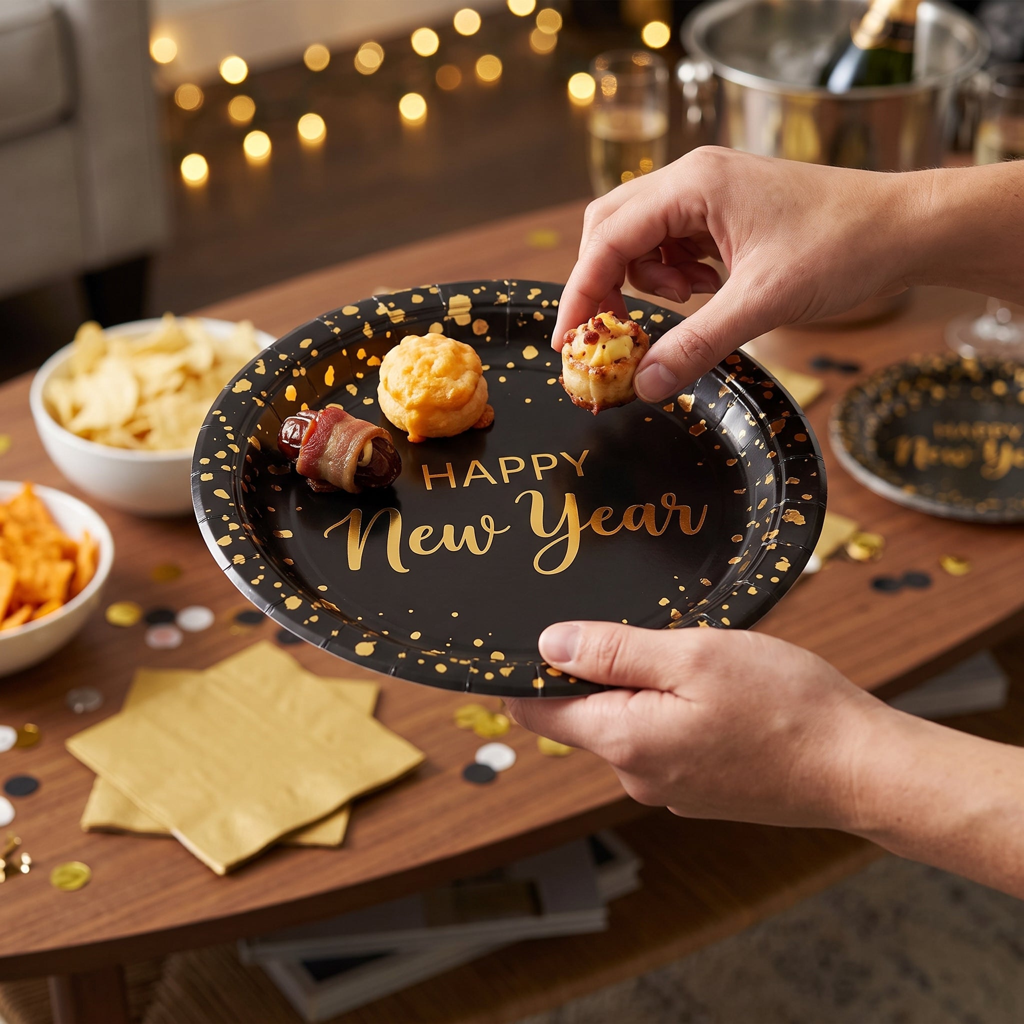 "Cheers For The New Year" 10-Inch Round Paper Plates - Black/Gold, 20-Pack
