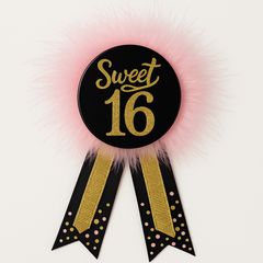Sweet 16 Celebration Award Ribbon with Pink Feathers and Gold Accents