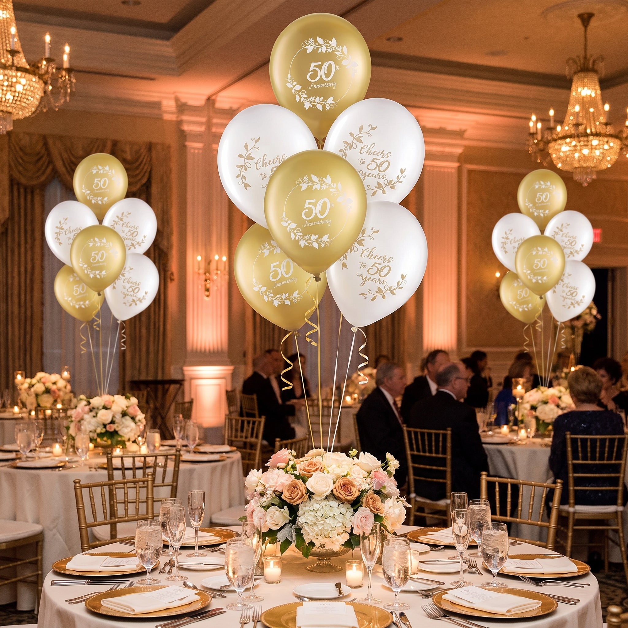 Elegant 50th Anniversary Latex Balloons, White & Gold, 12-Inch, 15-Pack