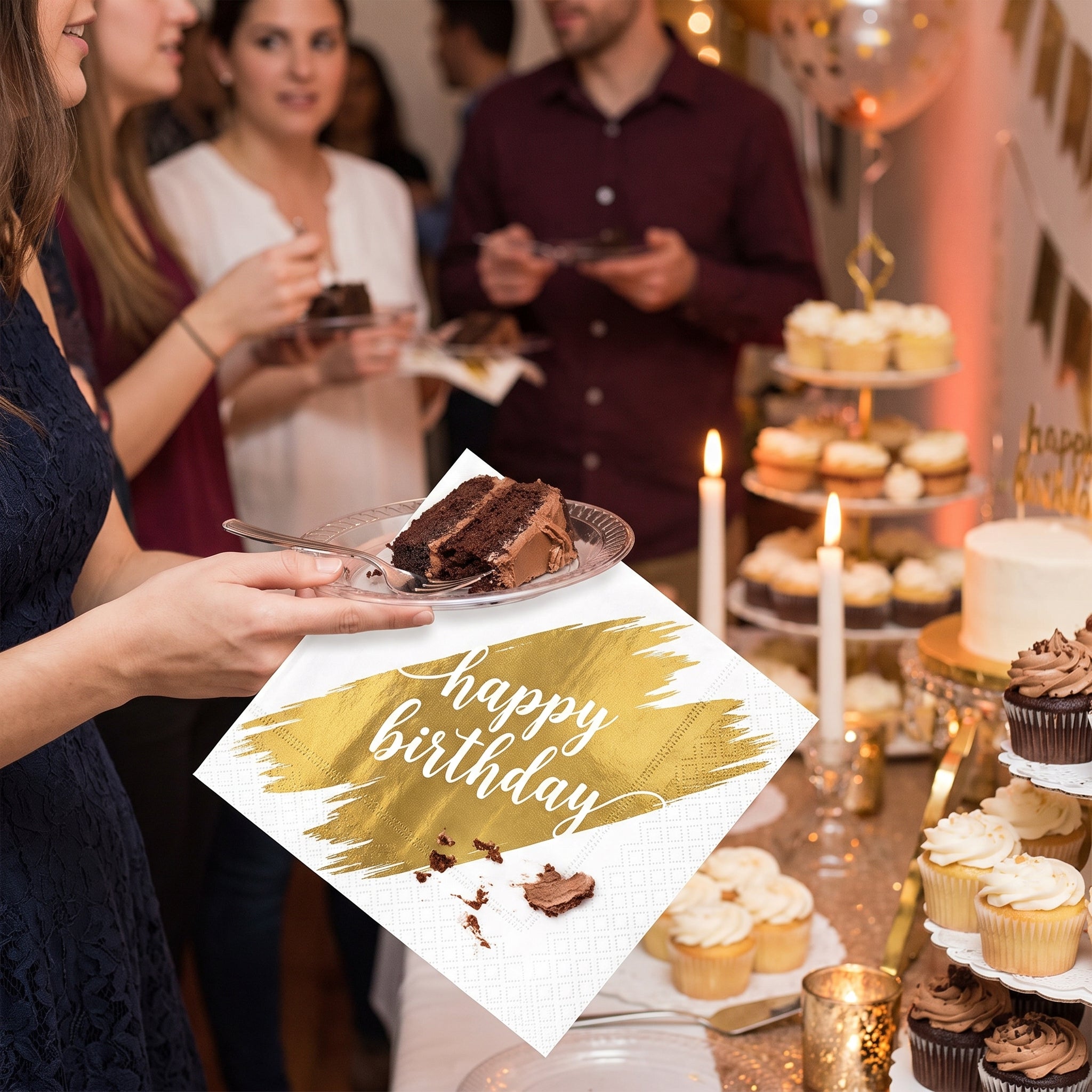 Golden Age "Happy Birthday" Gold & White Lunch Napkins - 6.5 In. x 6.5 In. - 16 Pack