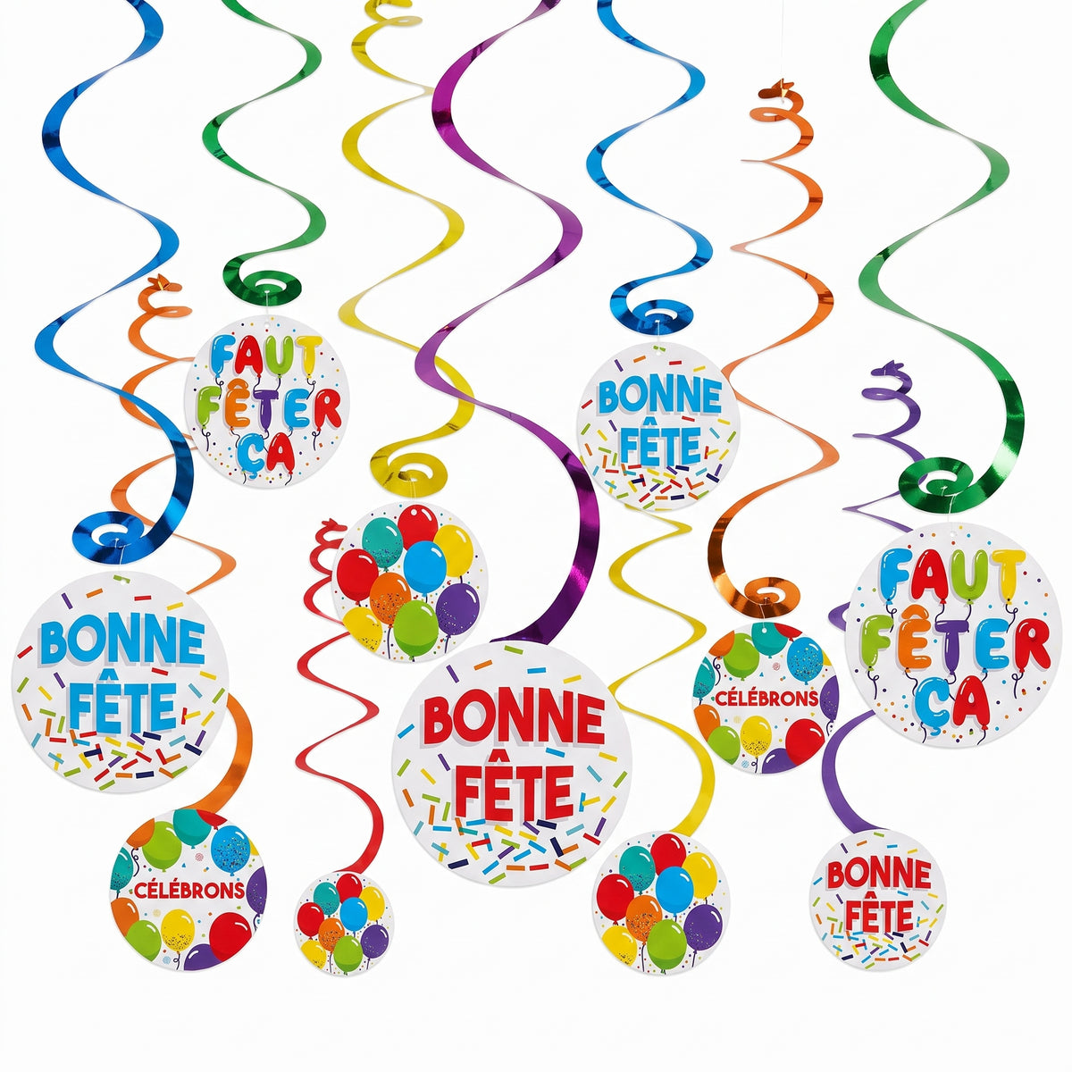 Bonne F√™te Spiral Hanging Decorations - Colorful Birthday Party Decor, 12-Pack