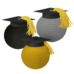 Graduation Paper Lanterns with Caps - Black, Silver, Gold, 12-Inch