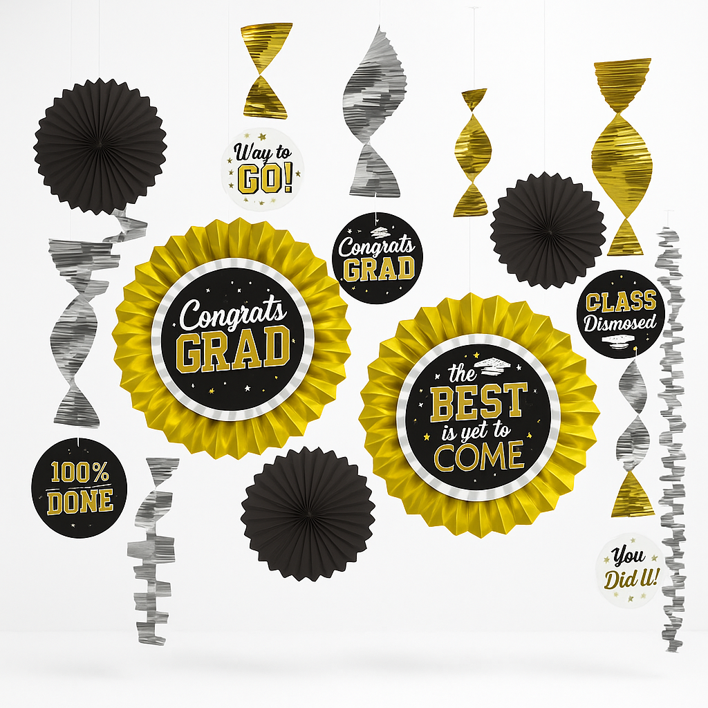 Graduation Celebration Paper & Foil Decorating Kit - Black, Gold & Silver