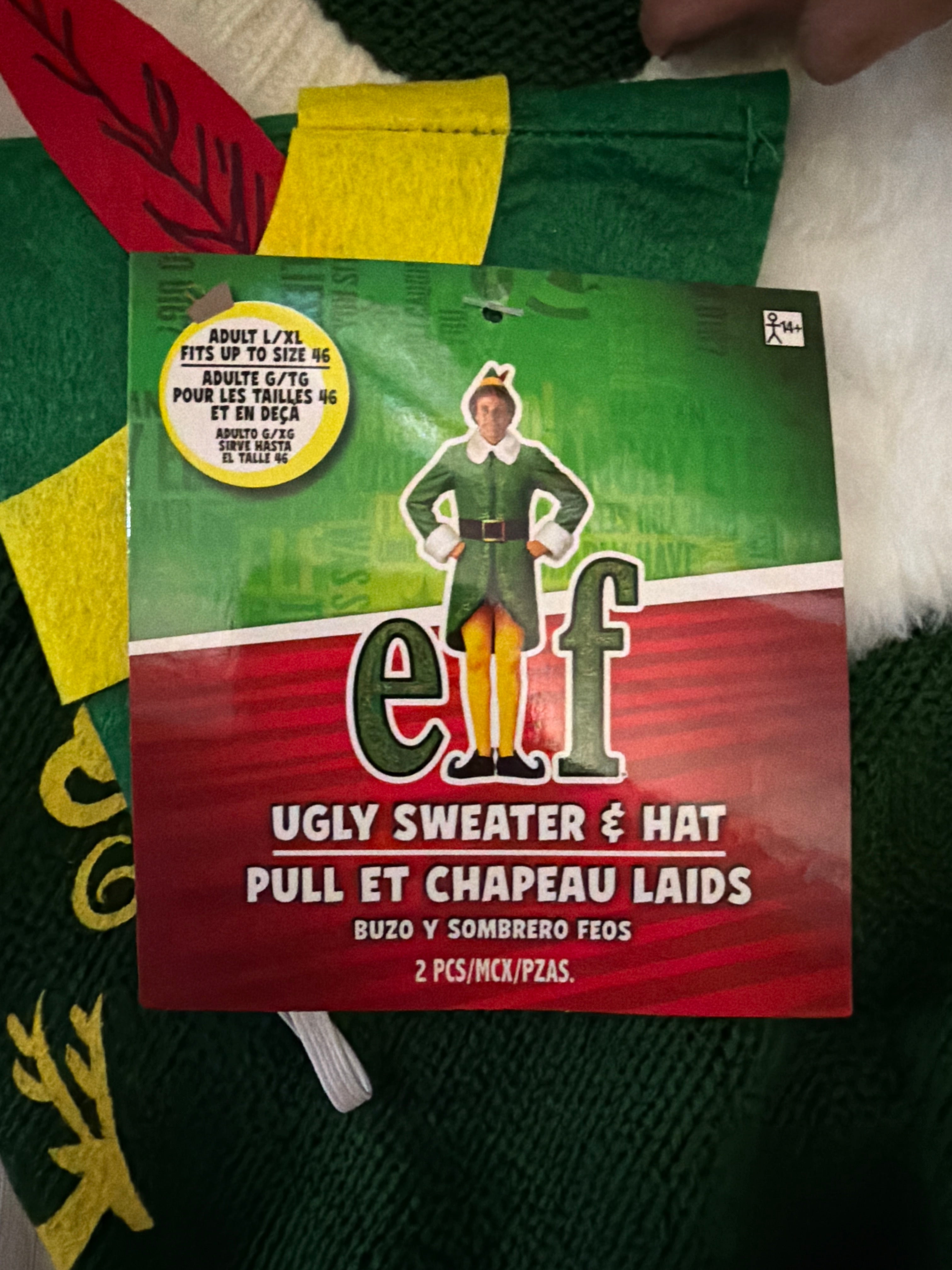 Adult Christmas Elf Movie Ugly Sweater & Hat Set