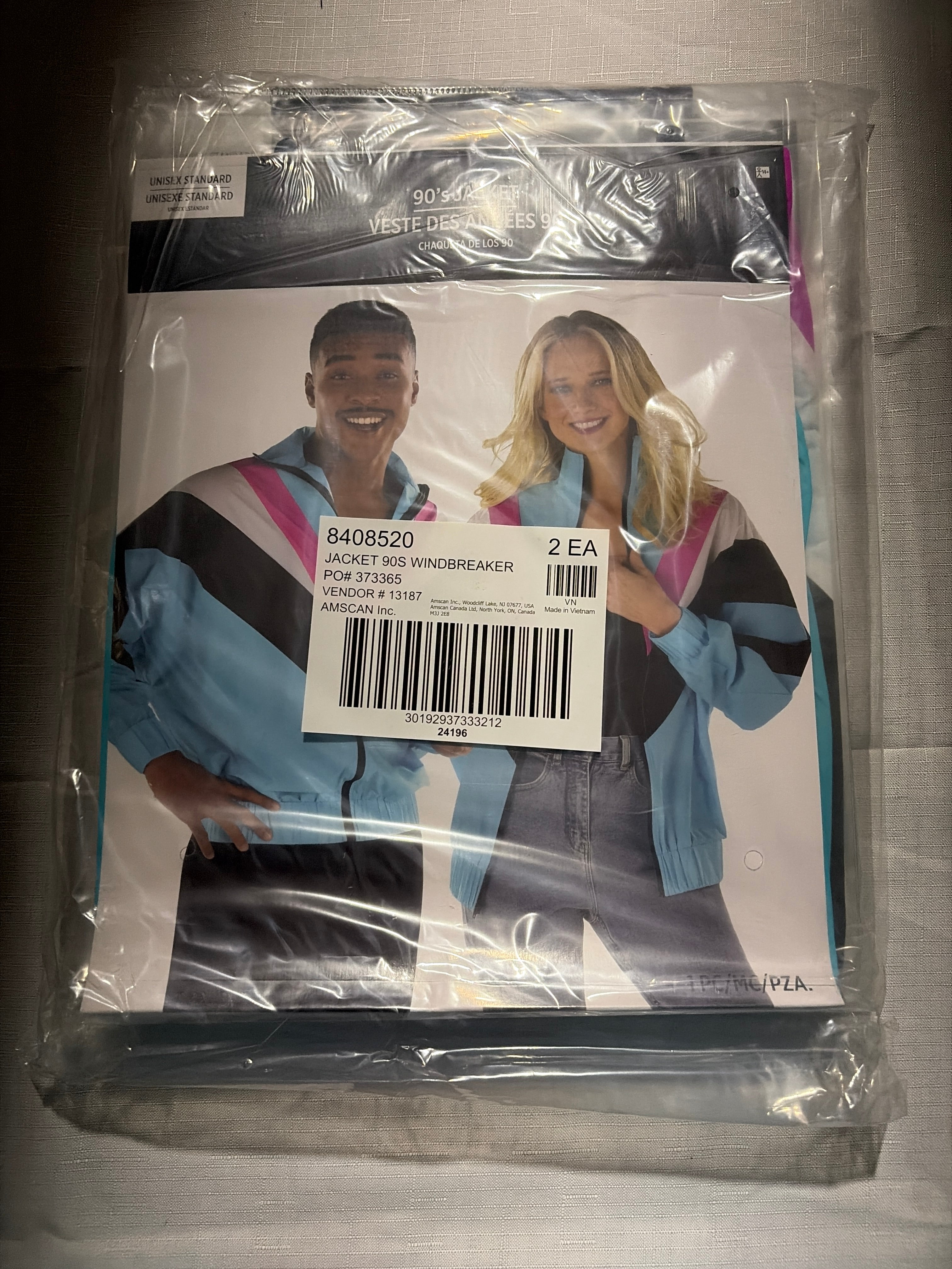 Retro 90s Windbreaker Jacket - Blue/Pink/White, One Size