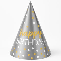 Metallic Gold and Silver Birthday Cone Party Hats - 12 Pack