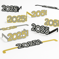 Glittery "2025" New Year's Eve Glasses Multipack - Black, Silver, and Gold (8-Pack)
